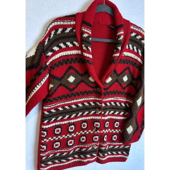 Vintage‎ Geometric Pattern Knit Cardigan Sweater Red Brown White Women SZ S/M - Picture 2 of 9